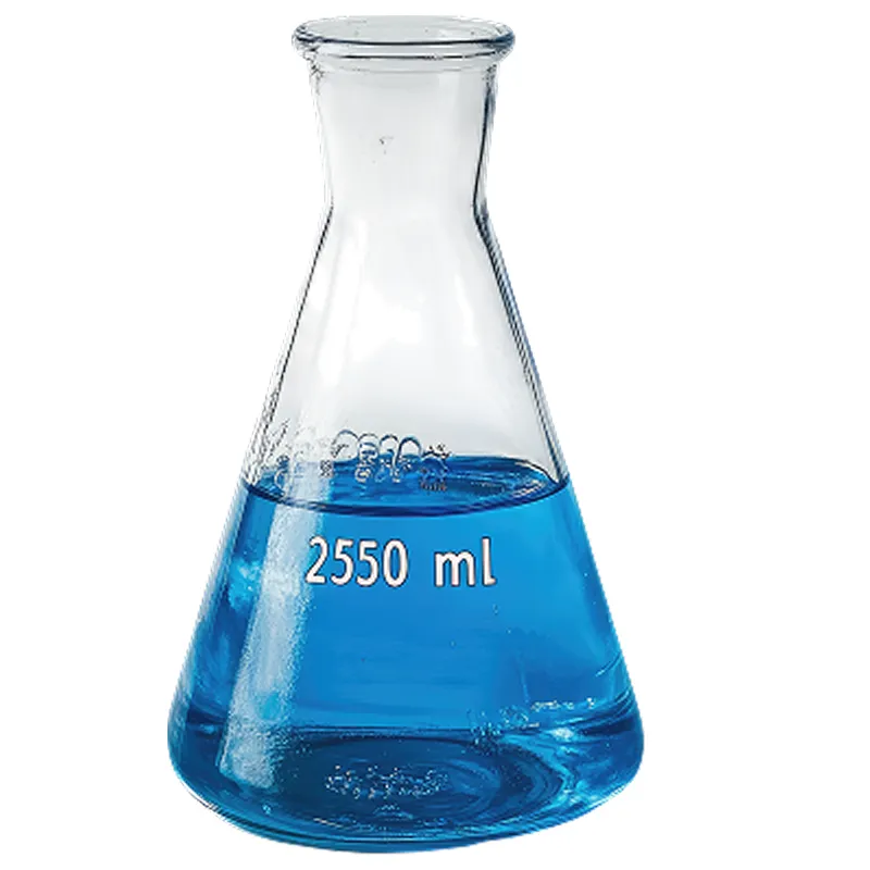 glass Erlenmeyer flask containing a blue chemical solution for laboratory experimentation