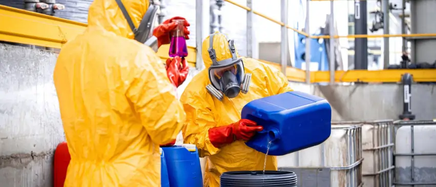 Chemical safety in the workplace with workers wearing protective suits and respirators while handling hazardous chemicals