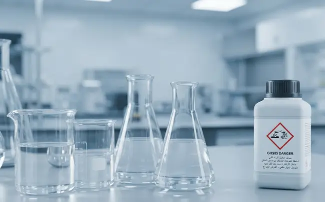 A chemical reagent bottle demonstrating GHS chemical labeling standards surrounded by various flasks and beakers.