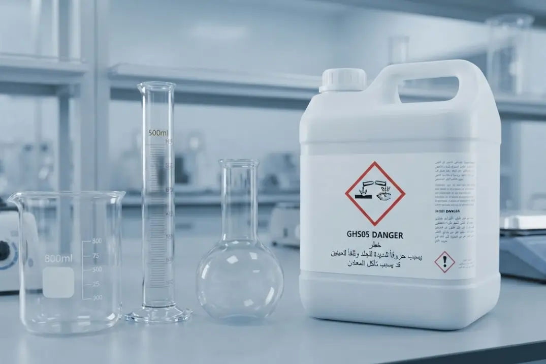 A large white container showcasing GHS chemical labeling for corrosive hazards on a laboratory bench next to glassware.