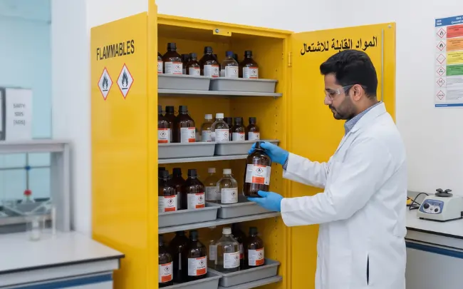 A scientist retrieving a bottle from a yellow flammables cabinet, illustrating safety measures to mitigate chemical hazards in laboratory settings.