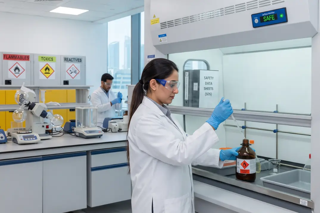 A female researcher working in a fume hood, demonstrating safety protocols to manage chemical hazards in laboratory environments.