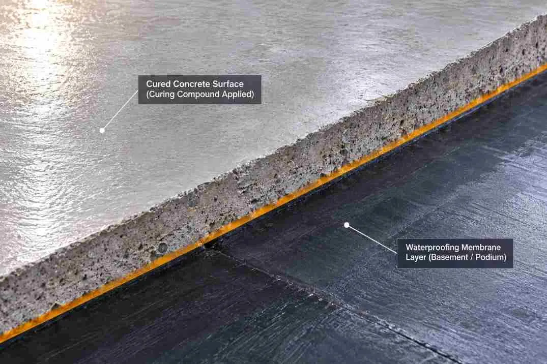 Detailed construction close-up showing a slightly glossy cured concrete surface above a rough concrete edge and a dark waterproofing membrane layer with a saffron-yellow highlight.