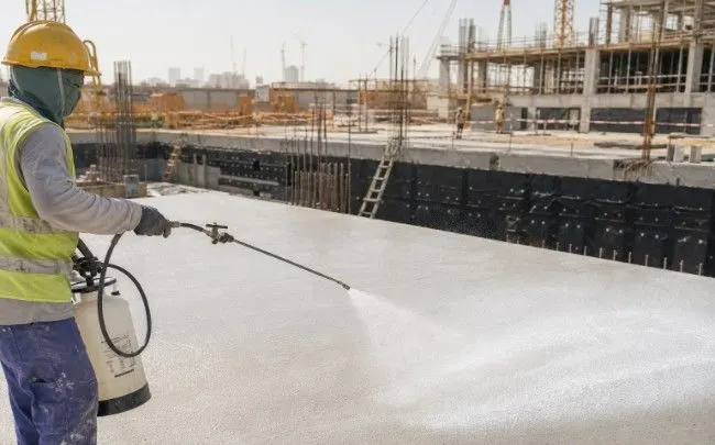 Close-up technical view of a smooth cured concrete slab with a visible cross-section revealing a dark waterproofing membrane beneath, highlighted by a saffron-yellow accent layer.