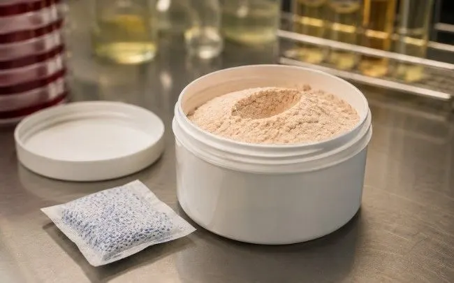 Close-up of an open container filled with dehydrated culture media powder beside a desiccant sachet on a laboratory bench, with blurred scientific equipment in the background.