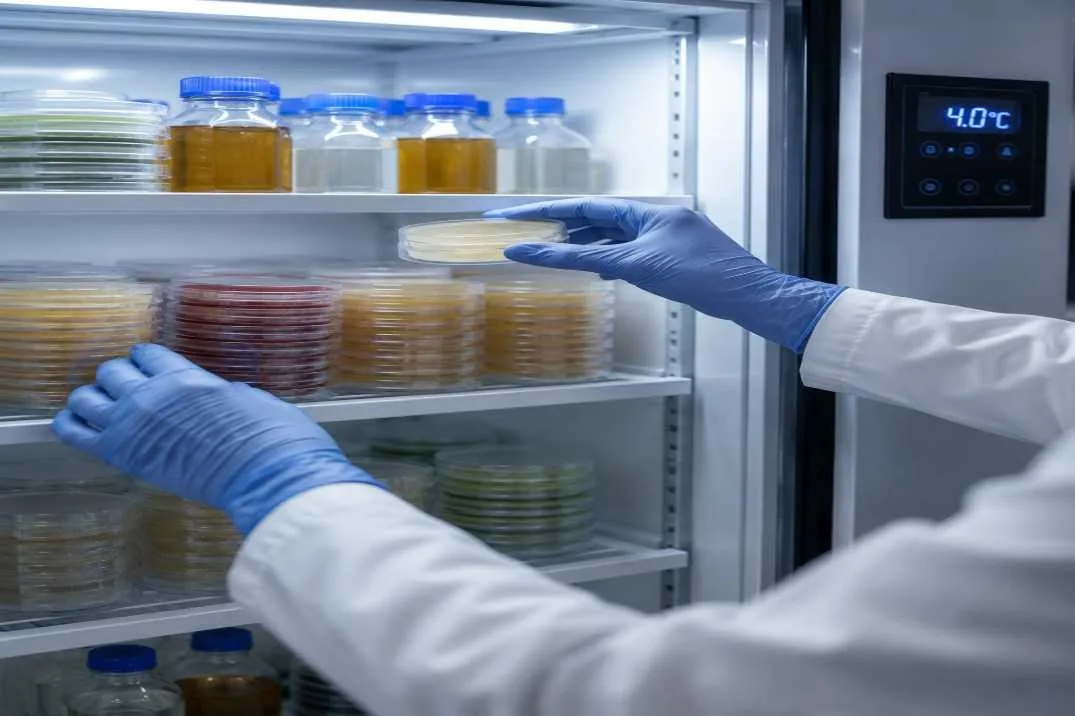 Gloved lab technician selecting a Petri dish from a clean microbiology laboratory refrigerator containing neatly stacked agar plates and culture media bottles under cool blue-white lighting.