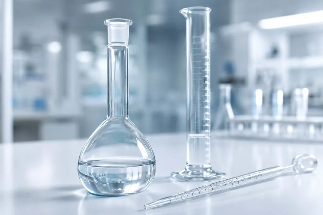 Volumetric flask, graduated cylinder, and glass pipette arranged on a clean laboratory bench with soft blue-toned lighting.