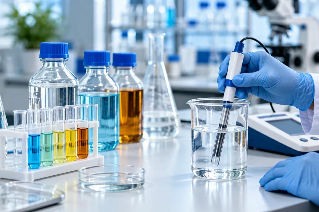 Water testing chemicals UAE laboratory setup with pH meter reagents and water samples