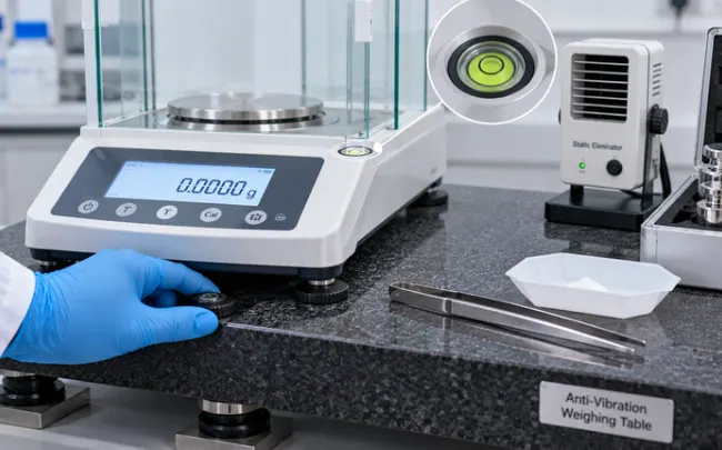 Leveling an analytical balance with a bubble level and calibration weights nearby