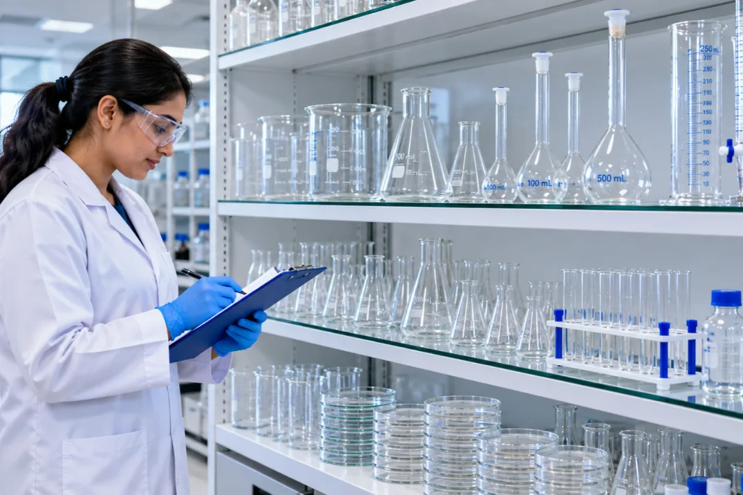 Rows of clean borosilicate glassware on a lab shelf after learning how to clean laboratory glassware