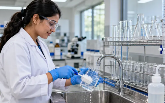 Technician showing how to clean laboratory glassware by hand-washing a beaker at a lab sink