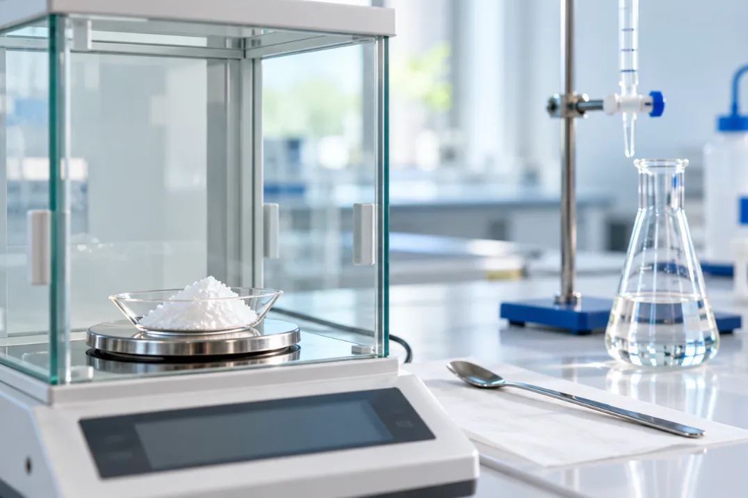Analytical balance weighing a white crystalline sample, the first step in using primary and secondary standards in titration