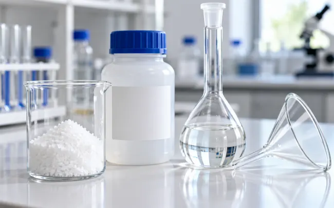 Crystalline reagent and volumetric flask prepared as a primary standard solution in titration