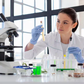 Professional scientist using a microscope and analyzing test tubes in a modern laboratory – Saffron Chemicals Dubai