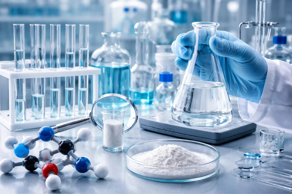 High-purity laboratory chemicals and glassware, featuring a scientist holding a round-bottom flask with white powder in a petri dish and molecular models in a modern lab setting