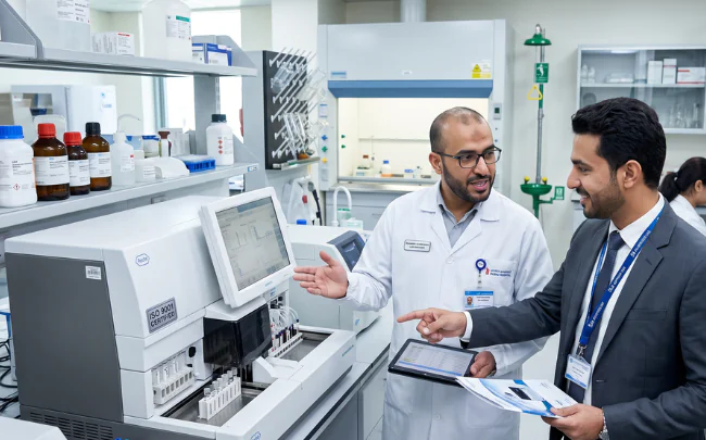 A medical laboratory manager discussing diagnostic options with hospital laboratory equipment suppliers next to an automated analyzer machine.