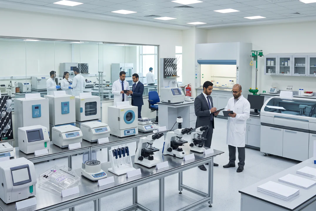 Wide view of a modern clinical lab featuring high-tech machinery provided by hospital laboratory equipment suppliers.