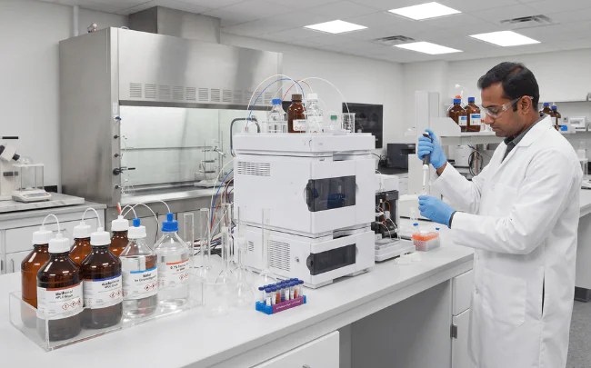 A scientist using high-performance liquid chromatography equipment with HPLC solvents UAE in a modern laboratory.