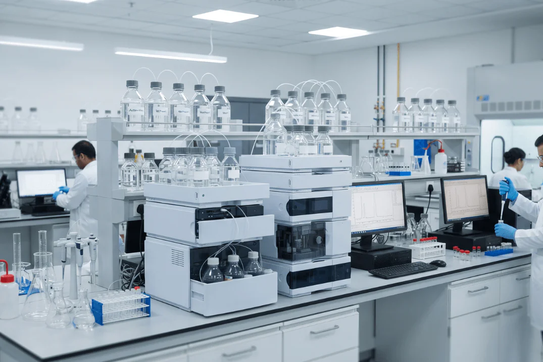Advanced laboratory setup featuring analytical instruments and HPLC solvents UAE for research facilities.
